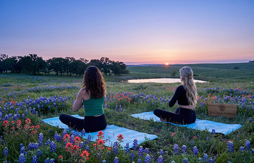 Two women practicing yoga in a bluebonnet meadow at sunrise